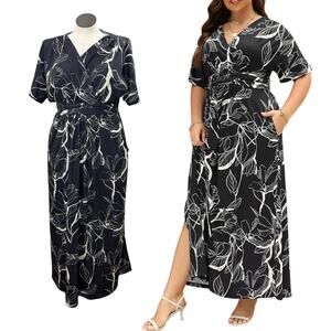Keluummi Size 14 Midi Dress Black Floral Pockets Side Slits Tropical A-Line